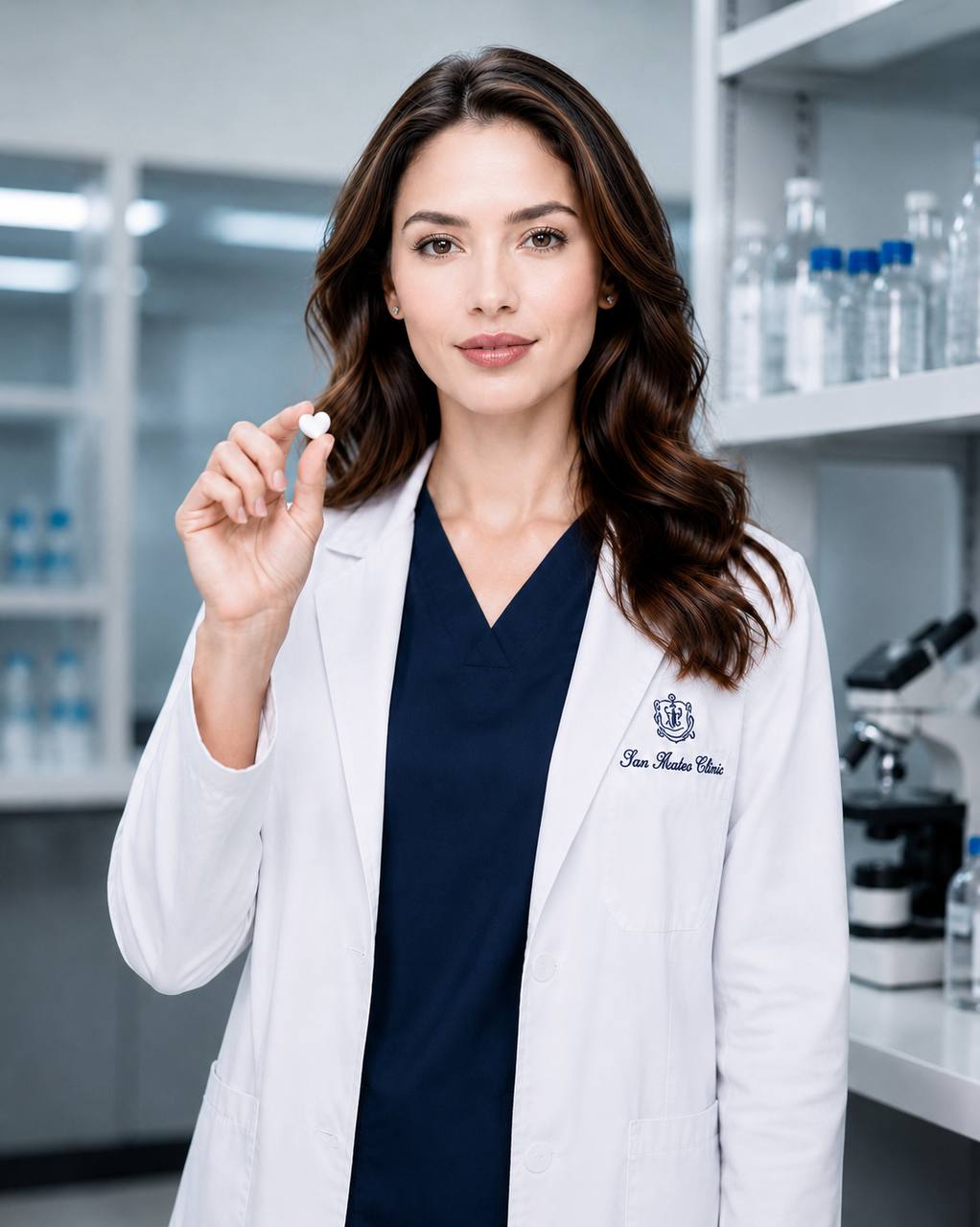 Medical advisor holding a single Comanslim tablet