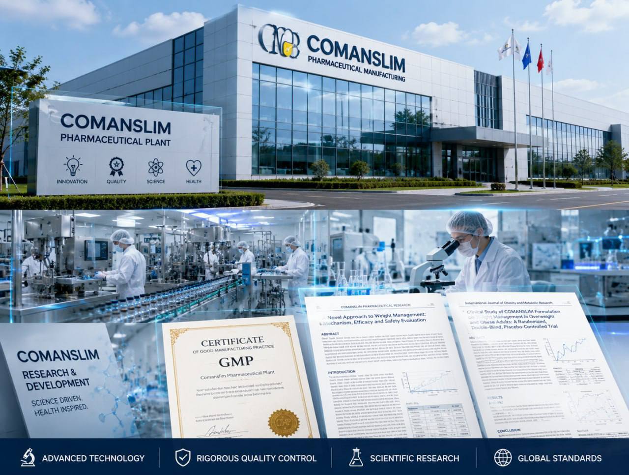 Comanslim pharmaceutical manufacturing plant, GMP certificate, R&D lab and clinical research
