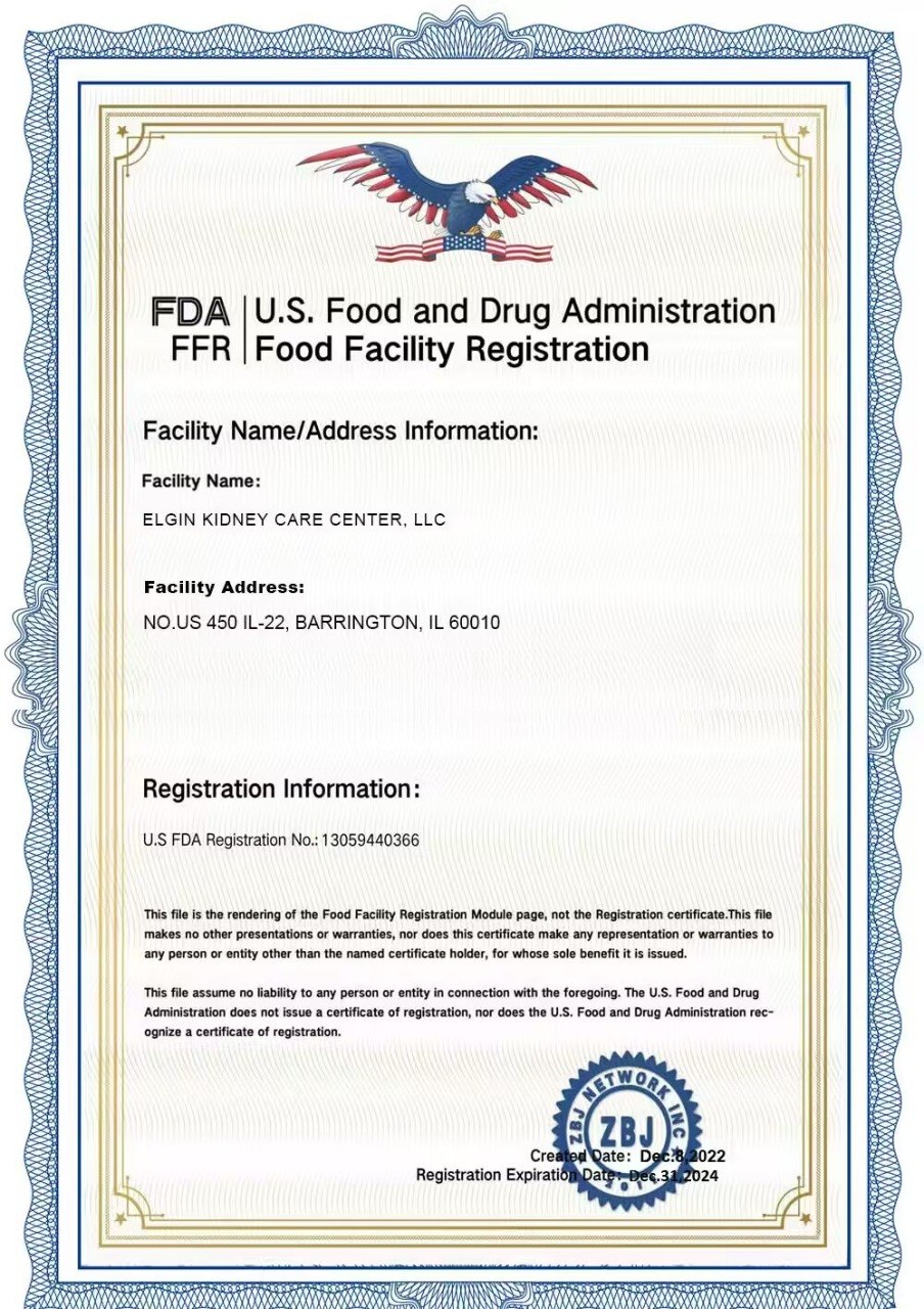 U.S. FDA Food Facility Registration certificate